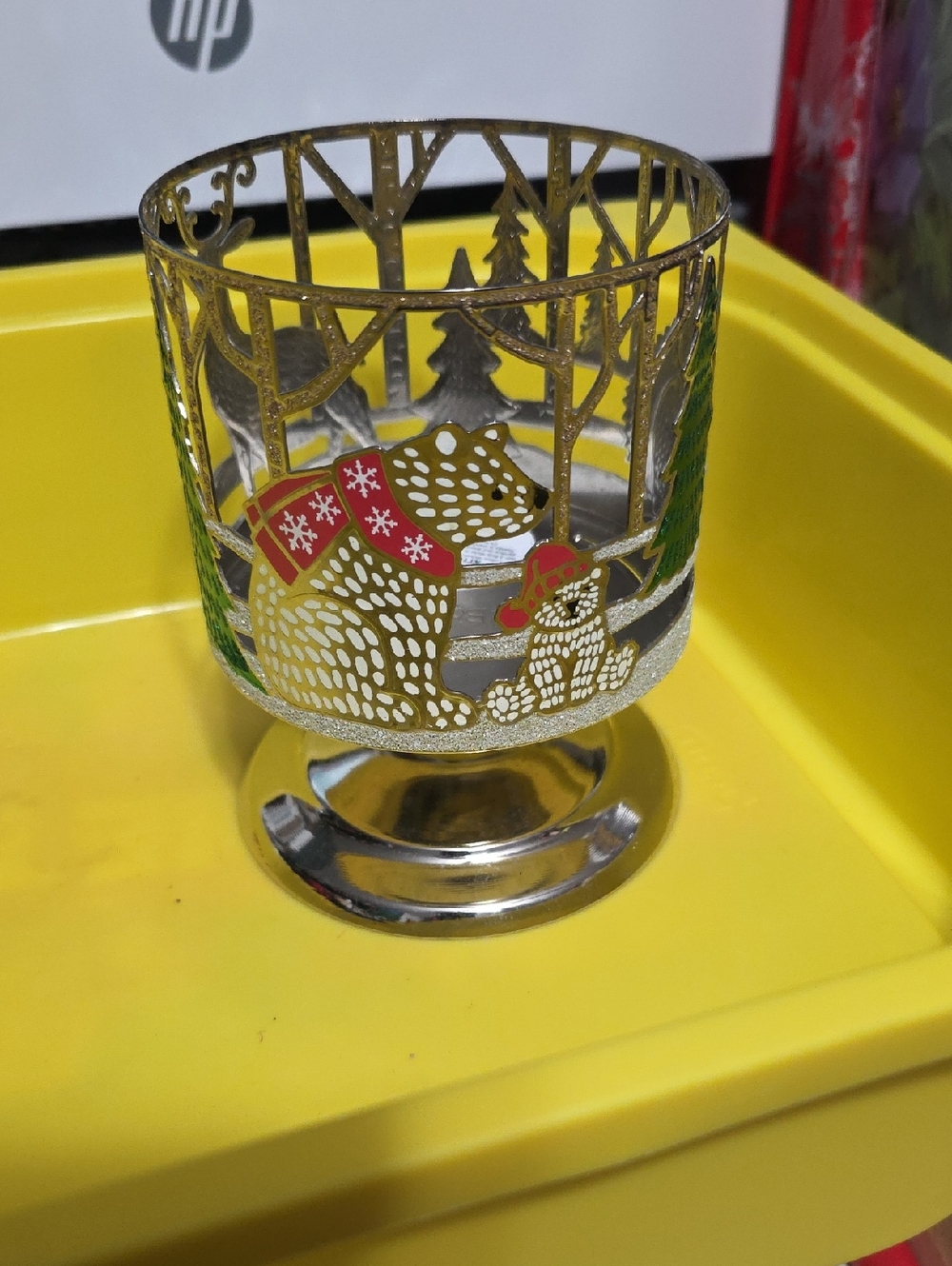 Bath & Body Works Gold Bear & Tree Holiday Votive with Red and Green Accents